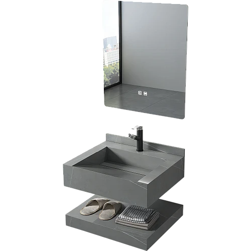 مغسلة سيراميك شلال دورين رمادي فاتح مع مراية ليد 3 قطع مقاس 60*50 سم