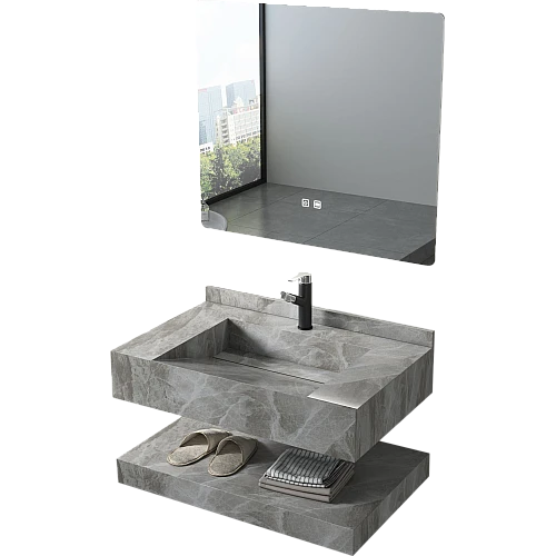 مغسلة سيراميك شلال دورين رمادي حجري مع مراية ليد 3 قطع مقاس 80*50 سم