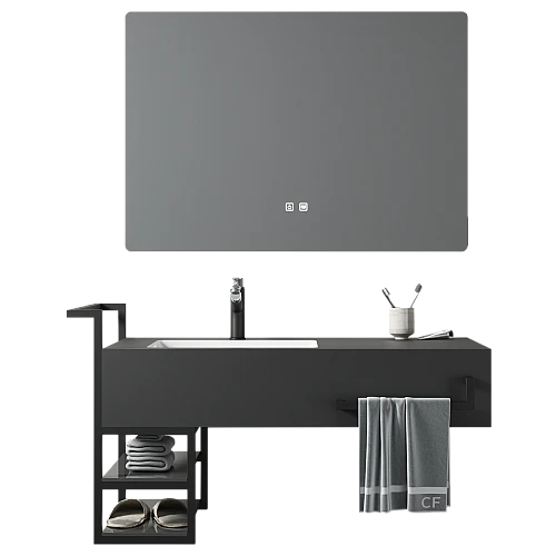 مغسلة سيراميك برفوف المنيوم - اسود مطفي مع مراية ليد قطعتين مقاس 120*50 سم