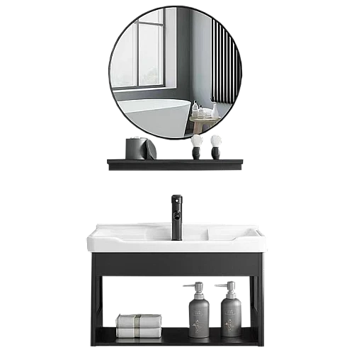 مغسلة المنيوم مع مراية دائري مع رف اسود مقاس 60 سم (تُضاف رسوم الأوزان الثقيلة)