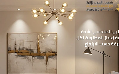 حساب الواط واللومن للمنزل: الدليل الهندسي لشدة الإضاءة (Lux) المطلوبة لكل غرفة حسب الارتفاع.