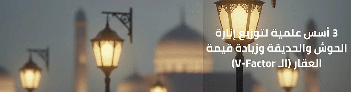 الفوانيس والأعمدة الضوئية: 3 أسس علمية لتوزيع إنارة الحوش والحديقة وزيادة قيمة العقار (الـ V-Factor).