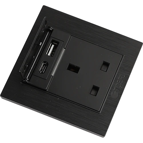 فيش ثلاثي مع منفذ يو اس بي USB مع تايب سي TYPE-C لون اسود حجري توفل