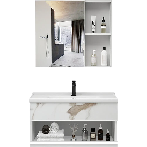 مغسلة المنيوم مع صيدليه بيض عروق بني رمادي قطعتين مقاس 60 سم