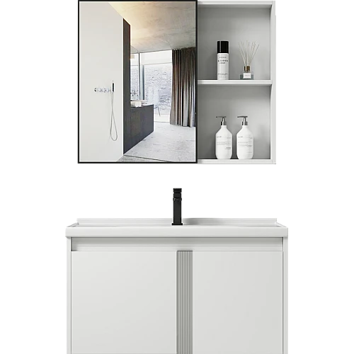 مغسلة فايبر مع صيدلية المنيوم ابيض قطعتين مقاس 80 سم