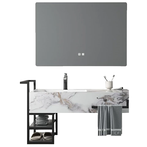 مغسلة سيراميك برفوف المنيوم-ابيض عروق رمادي بني مع مراية ليد 2 قطع مقاس 100*50 سم