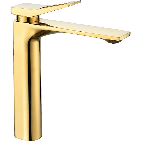 خلاط مغسلة قصير مربع بفتحه في المقبض ذهبي مطفي مع ليات