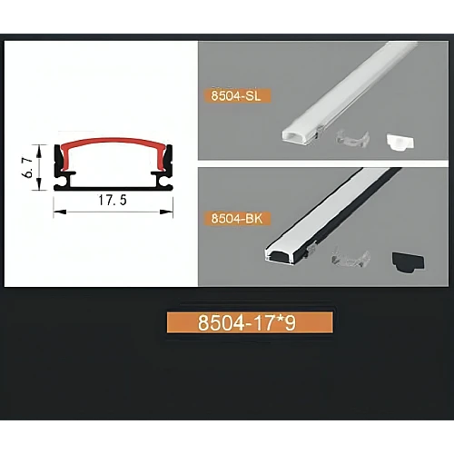  صورة منتج بروفايل ليد مجرى المينيوم اسود ظاهر طول اسود 3 متر * 1.7 سم عرض في ارتفاع 0.9 سم موديل TF8504/17*90/BK