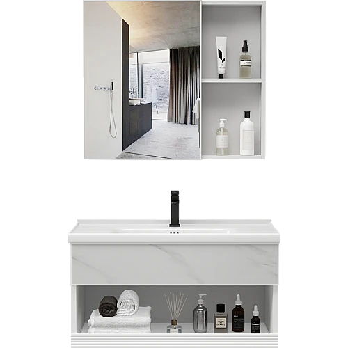 مغسلة المنيوم مع صيدليه ابيض عروق رمادي قطعتين مقاس 80 سم