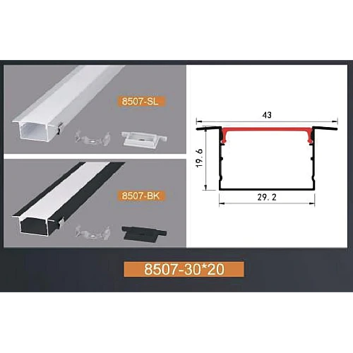  صورة منتج بروفايل ليد مجرى المينيوم فضي دفن طول 3 متر * العرض 3 سم * ارتفاع 2 سم - مع الإكسسوارت توفل موديل TF8507/30*20/SL