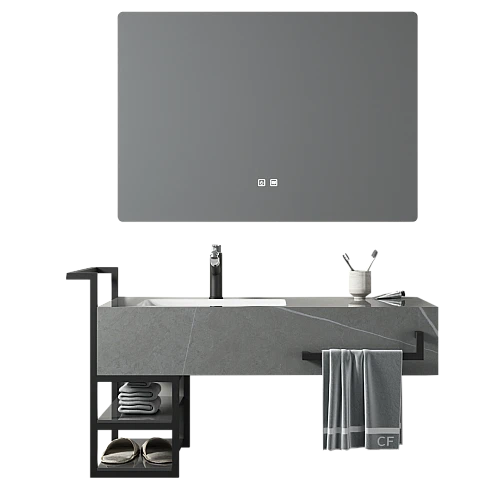 مغسلة سيراميك برفوف المنيوم - رمادي فاتح مع مراية ليد قطعتين مقاس 100*50 سم