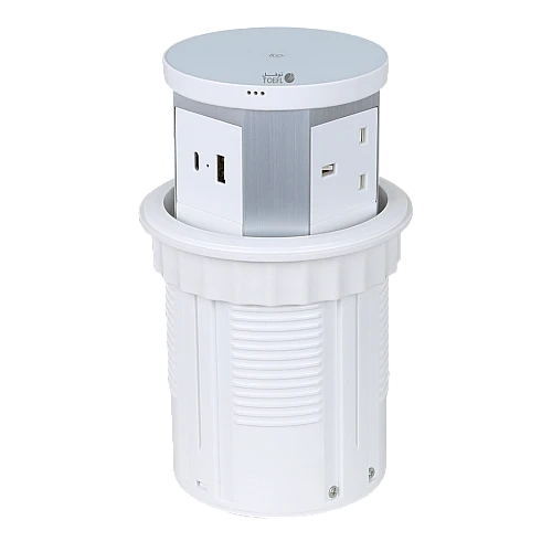 صورة فيش جداري فيش مكتبي ثلاثي دفن مع USB يو اس بي و TYBE-C تايب سي مع شحن لاسلكي غطاء ابيض توفل