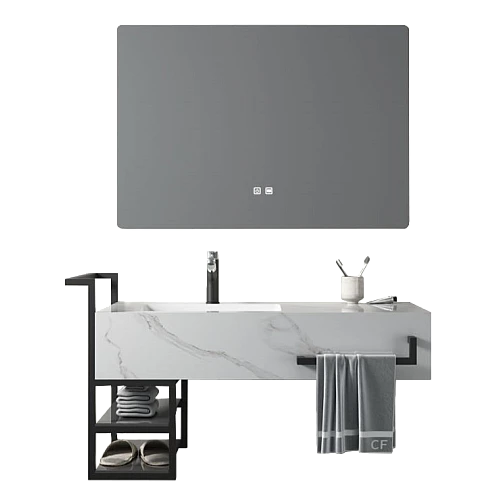 مغسلة سيراميك برفوف - ابيض عروق رمادي مع مراية ليد قطعتين مقاس 100*50 سم