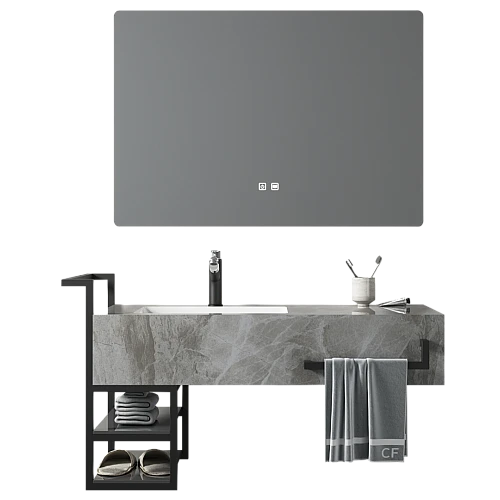 مغسلة سيراميك برفوف المنيوم - رمادي حجري مع مراية ليد قطعتين مقاس 100*50 سم