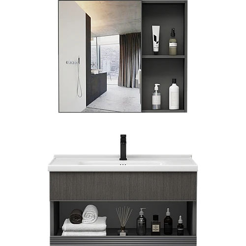 مغسلة المنيوم مع صيدليه بني غامق قطعتين مقاس 80 سم