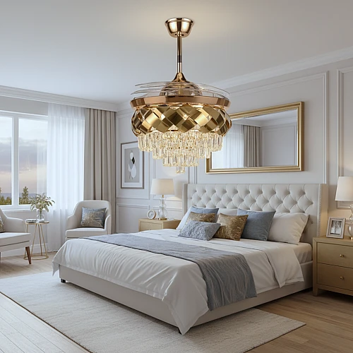 نجف مروحة ذهبي لون الانارة 3 اضاءات 75 واط مقاس 500 ملم