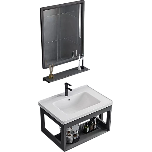 مغسلة المنيوم مع مراية مستطيل مع رف اسود قطعتين مقاس 60 سم (تُضاف رسوم الأوزان الثقيلة)