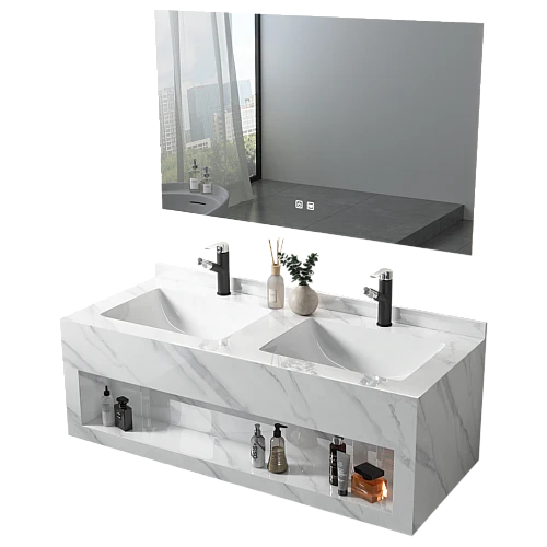 مغسلة سيراميك صندوق 50*150سم ابيض عروق رمادي مراية ليد قطعتين (هذا المنتج متاح داخل مدينة جدة فقط)