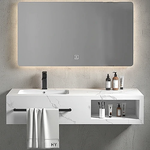 مغسلة سيراميك برف المنيوم - ابيض عروق رمادي مع مراية ليد قطعتين مقاس 120*50 سم