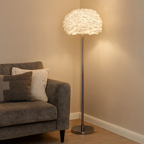 ابجورة ارضي مودرن فضي قبعة ريش بشكل مبهر ارتفاع 165 سم لمبة قاعدة E27