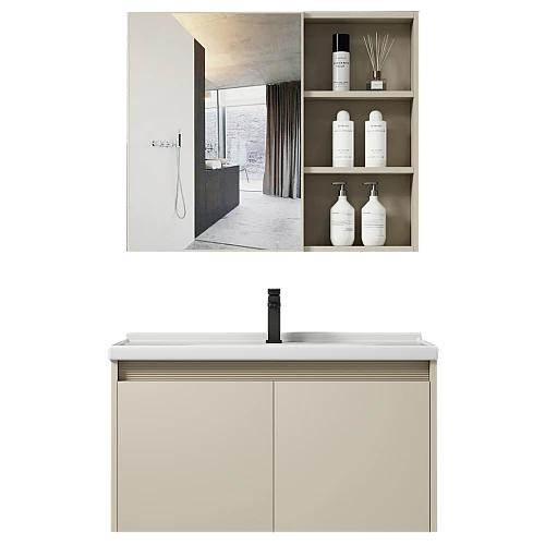 مغسلة فايبر مع صيدلية المنيوم بيج قطعتين مقاس 60 سم