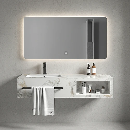 مغسلة رخام برف المنيوم-ابيض عروق رمادي بني مع مراية ليد 2 قطع مقاس 120*50 سم (تُضاف رسوم الأوزان الثقيلة)