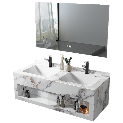 مغسلة سيراميك صندوق 50*150سم ابيض عروق رمادي بني مراية قطعتين (هذا المنتج متاح داخل مدينة جدة فقط)