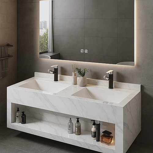 مغسلة سيراميك صندوق 50*150سم ابيض عروق رمادي مراية ليد قطعتين (هذا المنتج متاح داخل مدينة جدة فقط)