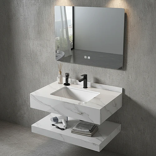 مغسلة رخام دورين ابيض عروق رمادي مع مراية ليد 3 قطع مقاس 60*50 سم (تُضاف رسوم الأوزان الثقيلة)