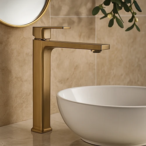 خلاط مغسلة طويل مربع ذهبي مطفي مع ليات