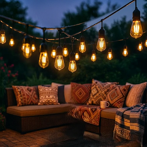 سلك هولدر عقد طول 50 متر اسود نزول 15 سم و 1 لمبة لكل متر مجموع 50 لمبات E27 المطور (إمكانية توصيل عدة عقود ببعضها)