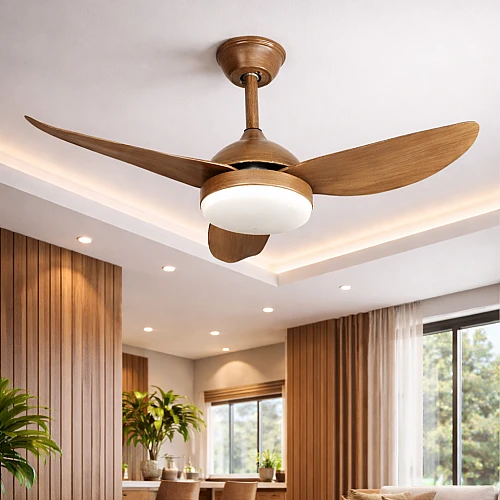 مروحة سقف مودرن خشبي بإضاءة 3 اللوان متعددة LED وريموت كنترول