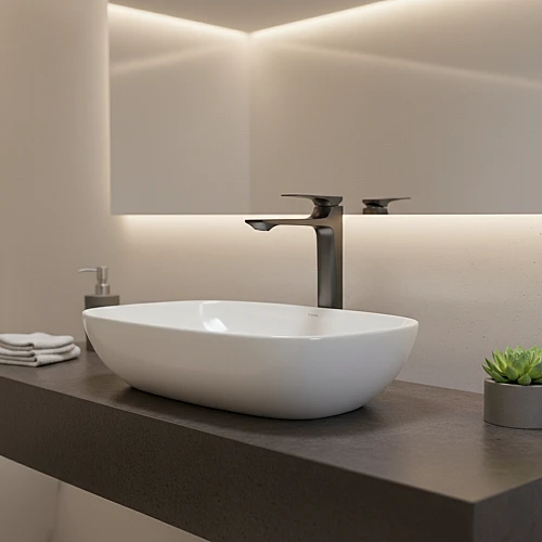 خلاط مغسلة طويل مربع بديكور معين على المقبض رمادي مع ليات