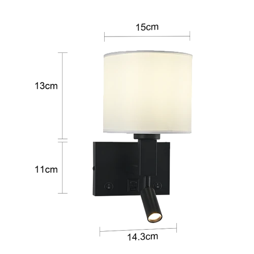 إضاءة أبليك حائط فنادق اسود لون الانارة اصفر و منفذ USB+Tyep-C و اضاءة موجهه مع قاعدة لمبات تركيب E14*1