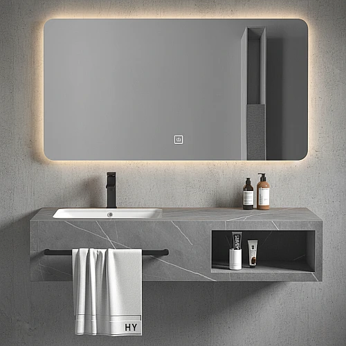 مغسلة رخام برف المنيوم - رمادي فاتح مع مراية ليد قطعتين مقاس 120*50 سم (تُضاف رسوم الأوزان الثقيلة)