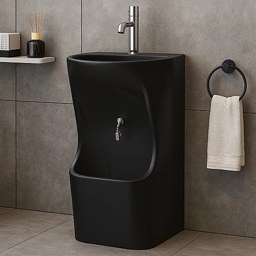 مغسلة وضوء سيراميك اسود مع خلاط وضوء سفلي