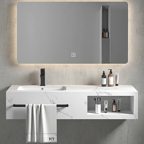 مغسلة رخام برف المنيوم - ابيض عروق رمادي مع مراية ليد قطعتين مقاس 120*50 سم (تُضاف رسوم الأوزان الثقيلة)