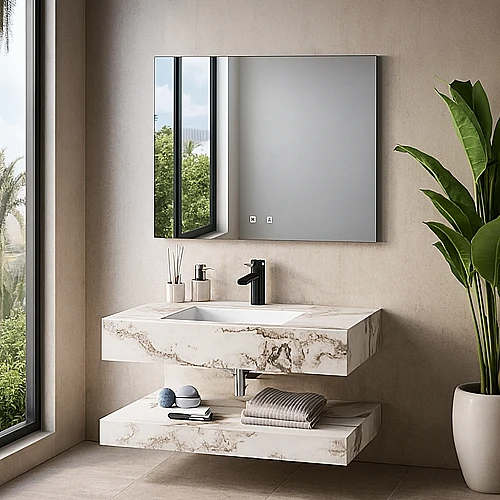 مغسلة رخام دورين ابيض عروق رمادي بني مع مراية ليد 3 قطع مقاس 60*50 سم (تُضاف رسوم الأوزان الثقيلة)