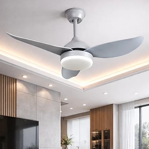 مروحة سقف مودرن رمادي بإضاءة LED ذكية وريموت تحكم - 3 ألوان إنارة متغيرة