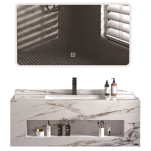 مغسلة سيراميك صندوق ابيض عروق رمادي بني مع مراية ليد مقاس 100*50 سم