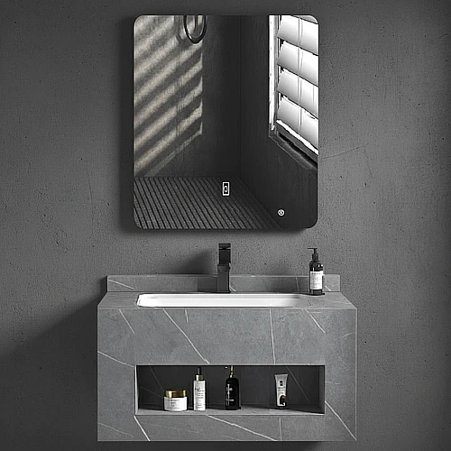 مغسلة رخام صندوق رمادي حجري مع مراية ليد قطعين مقاس 60*50 سم (تُضاف رسوم الأوزان الثقيلة)