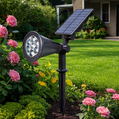 كشاف حديقة غرس لون الانارة اخضر يعمل بالطاقة الشمسية مع حساس ضوء يعمل تلقائي مع الغروب بالليل حتى الصباح مع قاعدة متحرك  7 عدسات ليد 2 واط