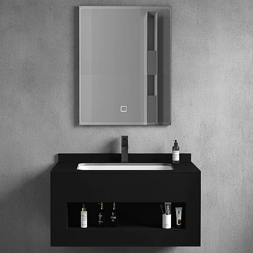 مغسلة رخام صندوق اسود مطفي مع مراية ليد قطعتين مقاس 60*50 سم (تُضاف رسوم الأوزان الثقيلة)