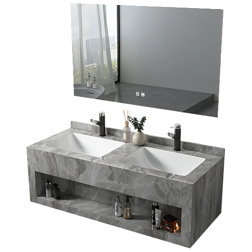 مغسلة سيراميك صندوق 50*150سم رمادي حجري مع مراية ليد قطعتين (هذا المنتج متاح داخل مدينة جدة فقط)