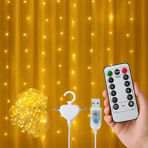 سلسلة مصابيح ستارة لون الاضاءة اصفر 3×3 متر مع ريموت تحكم تعمل على USB عقود 8 اوضاع للحفلات و غرف النوم و حديقة المنزل 