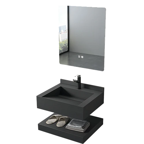 مغسلة رخام شلال دورين اسود مطفي مع مراية ليد 3 قطع مقاس 60*50 سم (تُضاف رسوم الأوزان الثقيلة)