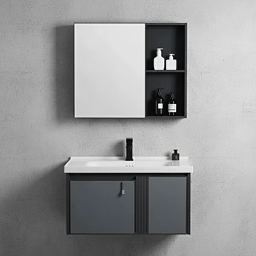 مغسلة مع صيدلية المنيوم اسود مع رمادي قطعتين مقاس 80 سم (تُضاف رسوم الأوزان الثقيلة)