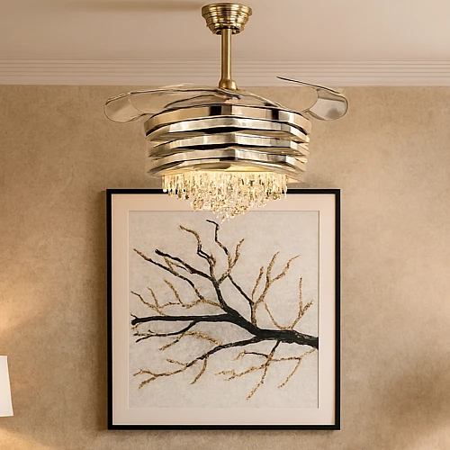 نجف مروحة ذهبي لون الانارة 3 اضاءات 75 واط مقاس 500 ملم