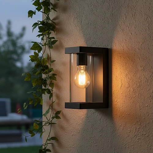 فانوس جداري خارجي مربع اسود زجاج شفاف E27