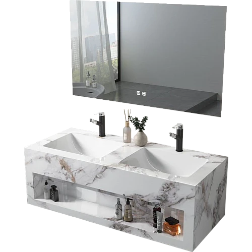 مغسلة سيراميك صندوق ابيض عروق رمادي بني مع مراية ليد قطعتين مقاس 120*50 سم